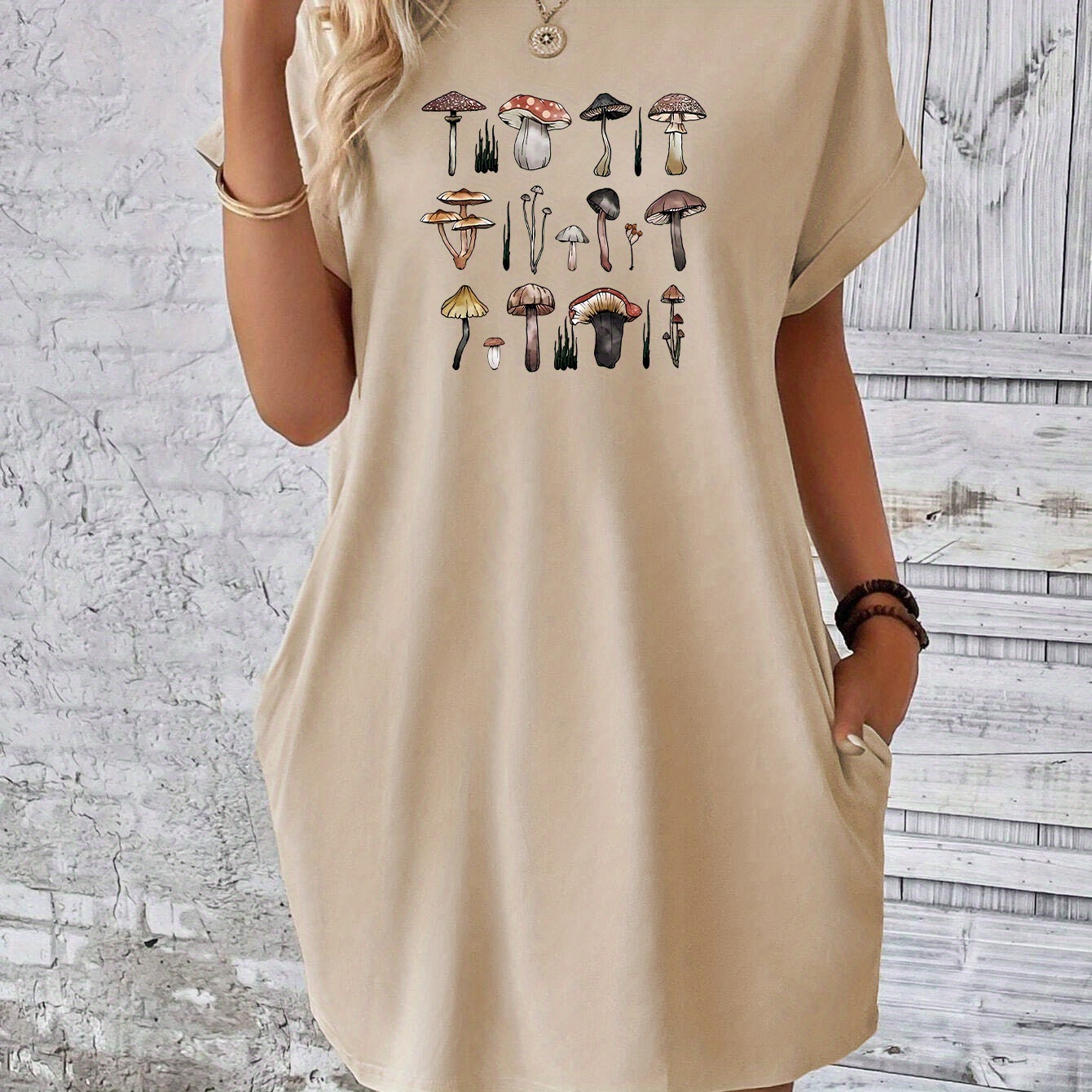 

Mushroom Print Tee Dress, Short Sleeve Crew Neck Casual Dress For Summer & Spring, Women's Clothing