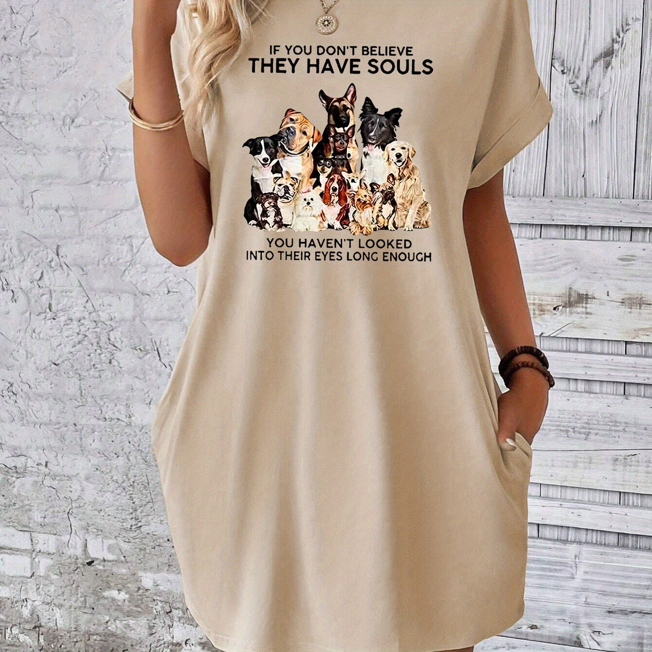 

Dog Print Tee Dress, Short Sleeve Crew Neck Casual Dress For Summer & Spring, Women's Clothing