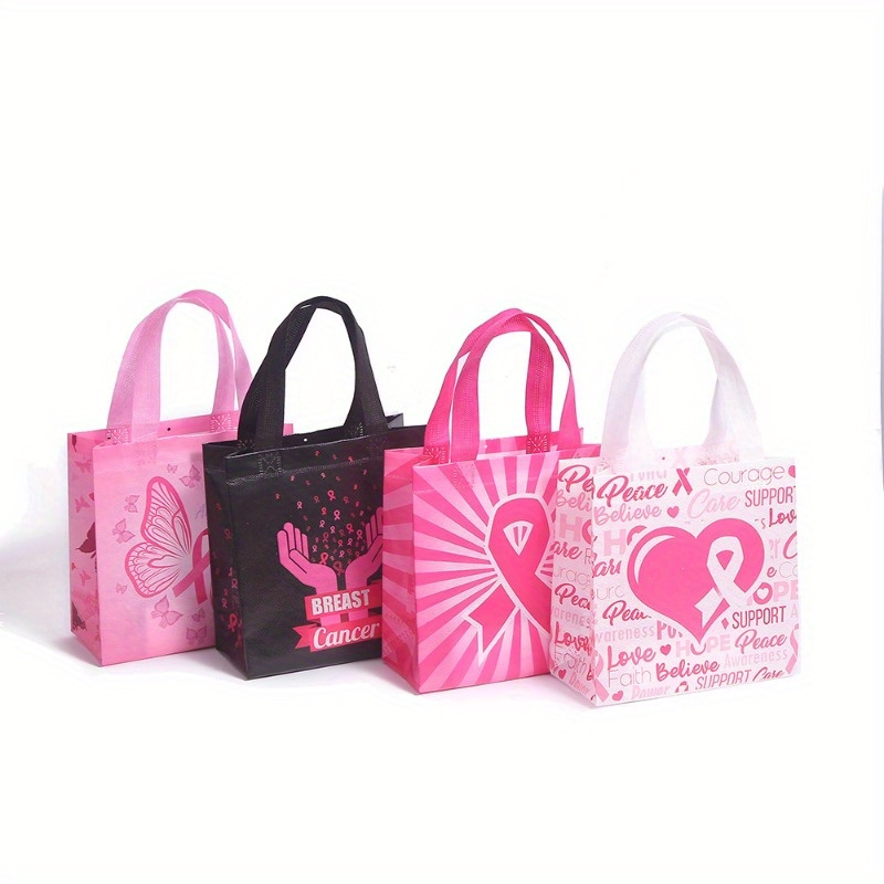 

12 sacs fourre-tout non tissés de sensibilisation au cancer du sein, 7.87 pouces, sacs-cadeaux réutilisables créatifs pour les faveurs de fête, le shopping, les cadeaux, motifs roses et noirs