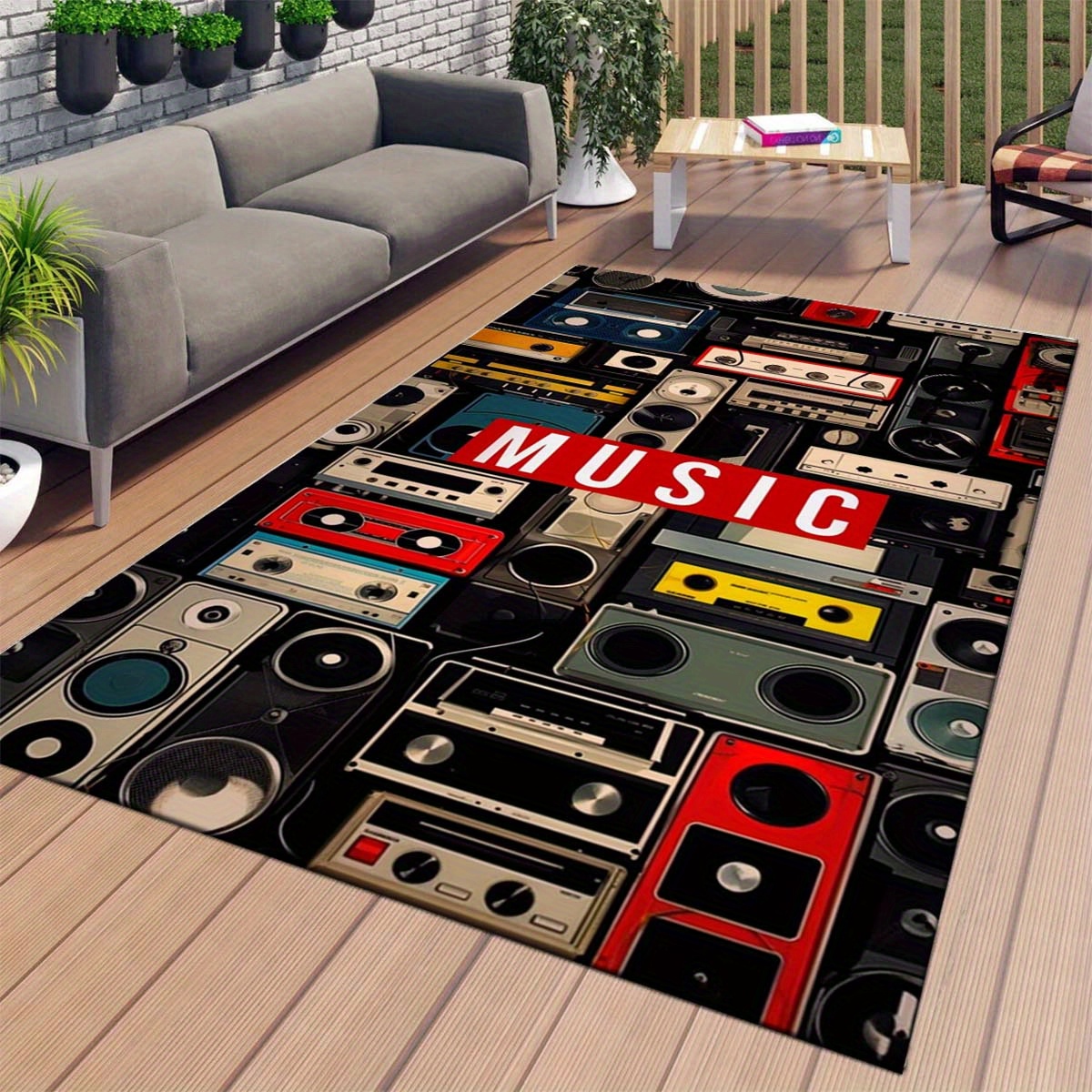 

1pc Music And Tape Printed Non-slip Resistant Rug, Outdoor Patio Garden Yard Decor Mat, Living Room Bedroom Corridor Mat Bed Area Rug, Modern Kitchen Home Decor, Room Decor