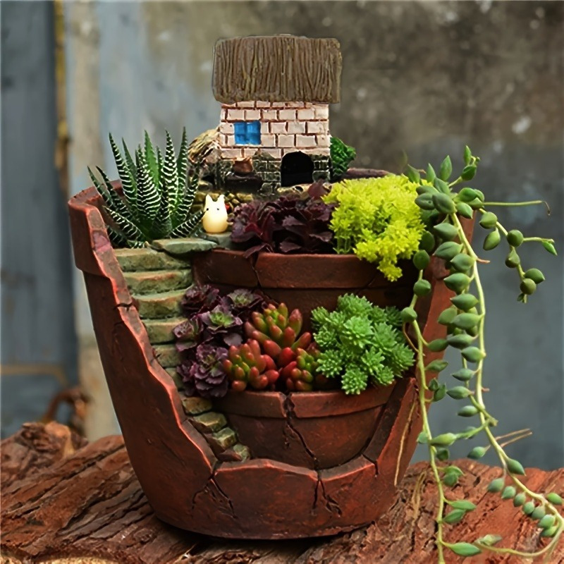 

1pc, City Of Sky Resin Succulent Plant Pot With Drainage Hole Casual Round Floor Mount Flower Basket Planter For Indoor Outdoor Use Includes Plaid Patterned Succulents And Other Plants