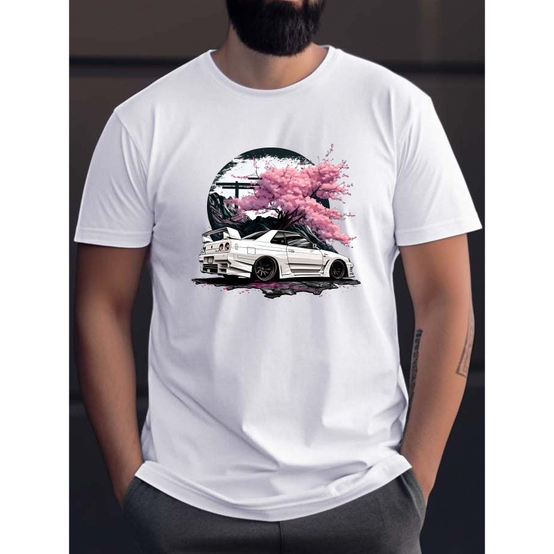 

Sakura And Car Print Tee Shirt, Tees For Men, Casual Short Sleeve T-shirt For Summer