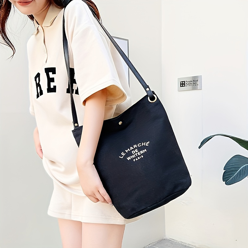 

Simple Canvas Shoulder Bag For Women, Classic Design, Fashionable Black & White, Travel Essential Bucket Bag