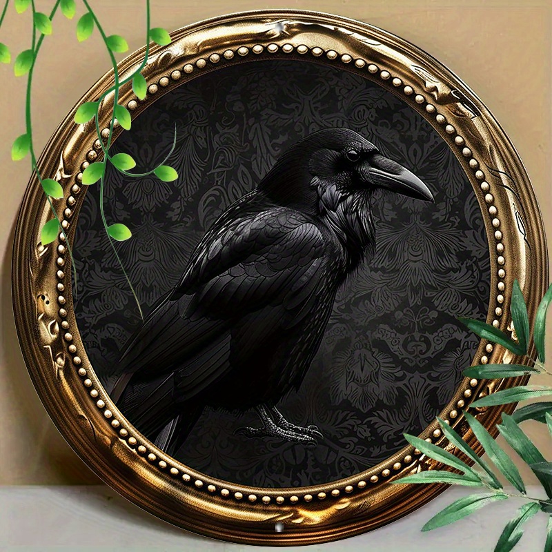 

1pc 20x20cm Round Metal Aluminum Mark Crow, Golden Round Frame, Gothic Style For Home, Living Room, Coffee Shop, Office, Wall Decoration Art