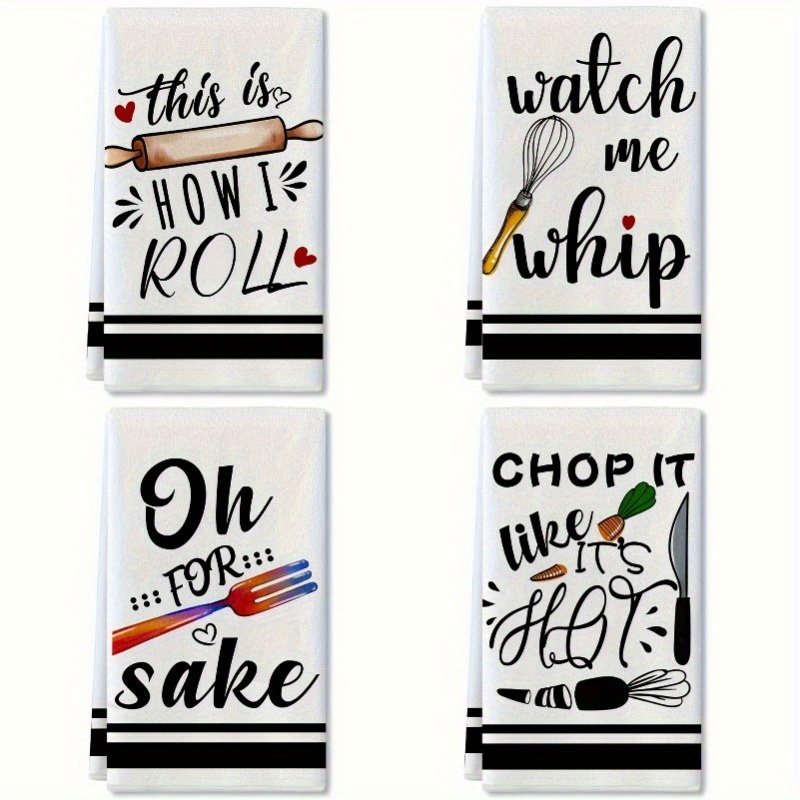 

4pcs Dish Cloths, Humorous Contemporary Polyester Kitchen Towels, Quirky Cooking & Baking Dish Towels With Rolling Pin & Egg Beater Designs, For Home Kitchen, Bathroom And Restaurant, Home Supplies