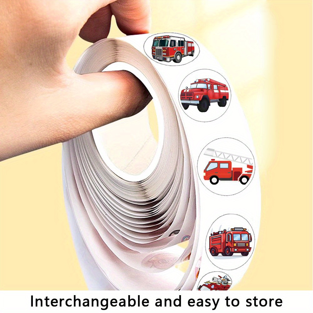 Image of 500pcs/1 Roll 10 Picture Cartoon Fire Truck Roll Sticker Vinyl Sticker Decoration Computer Desk Gift Box Notebook Ledger Creative Diy Sticker