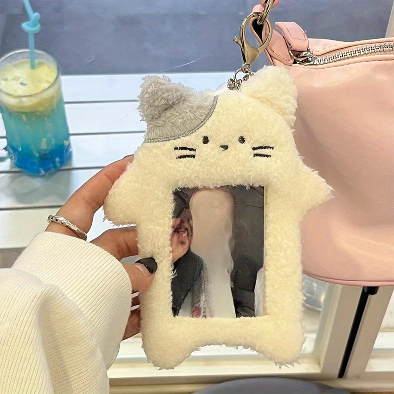 Zhuluck White Cute Plush Photocard Holder Keychain, Cartoon Bear Rabbit Cat Photo Sleeve Cartoon Plush Photo Sleeve Protective Case Photo Albums, Frames Accessories