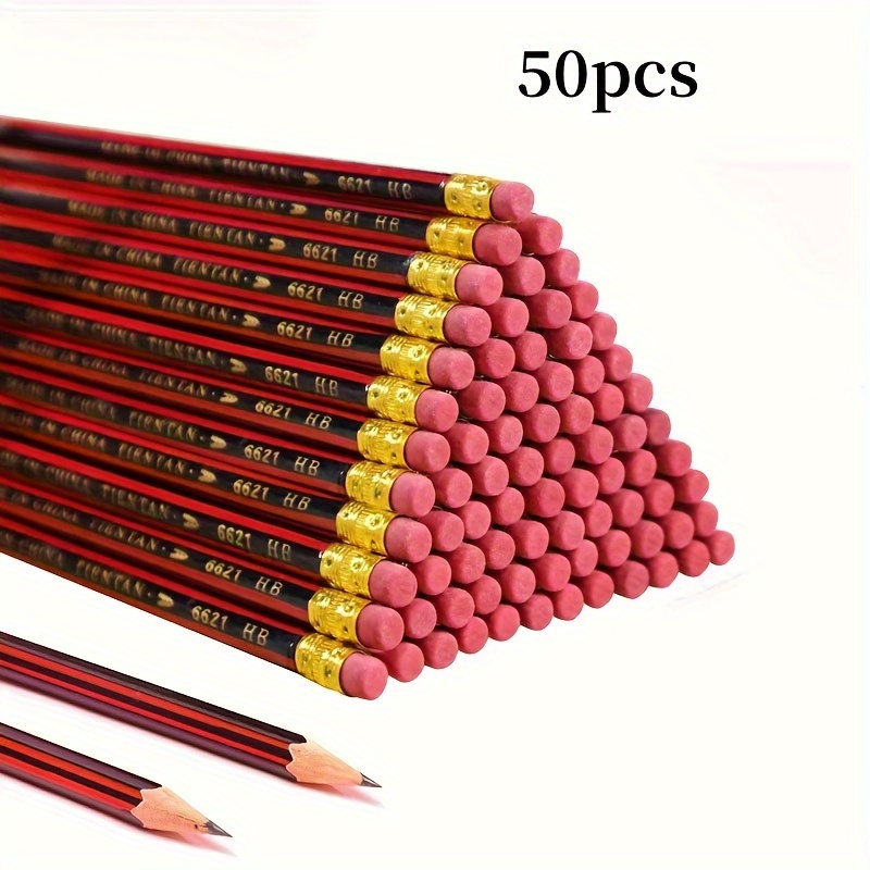 

50pcs Hb Pencil With Eraser Stripe Writing Painting Sketching With Red And Black Rod Pencil