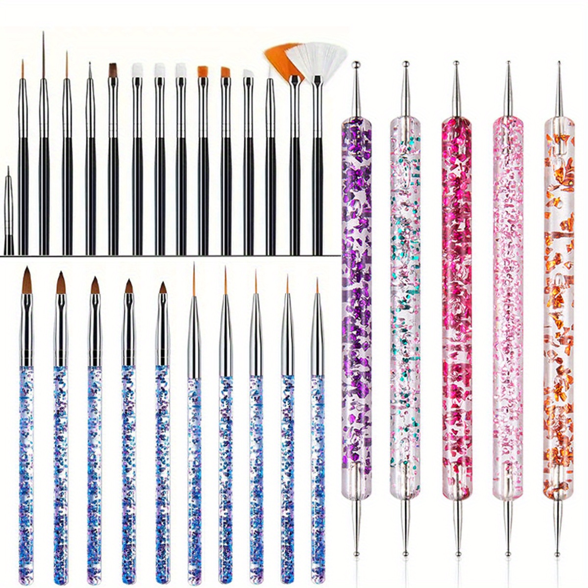 

30pc Nail Art Brushes Set, Floral Silicone Pen & Dual-ended Dotting Tool, Uv Gel Acrylic Painting Carving Liner, Manicure Design Tools With Flat Fan For Nails Decorations