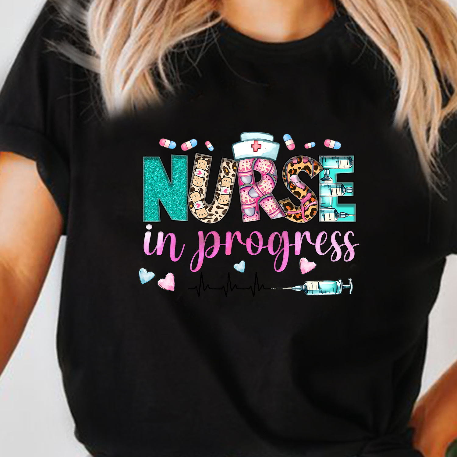 

Nurse Day Print Crew Neck T-shirt, Short Sleeve Casual Top For Summer & Spring, Women's Clothing