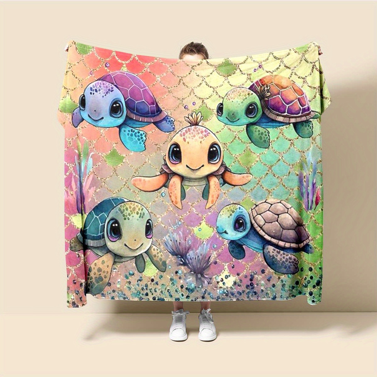 

Adorable Cartoon Turtle Pattern Printed Blanket For Rv Travel