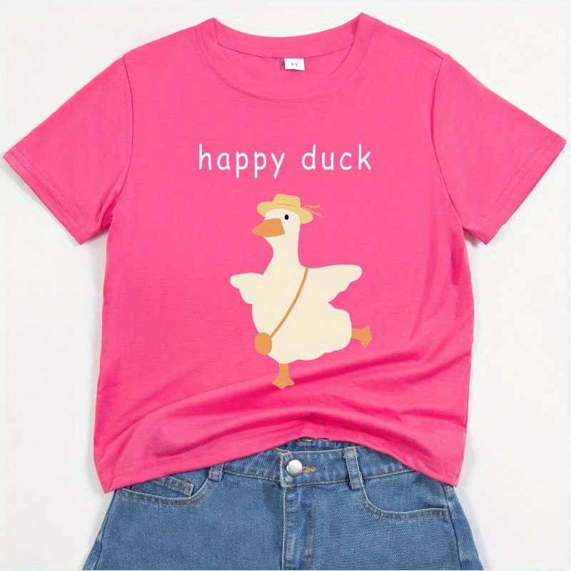 

Happy Duck Print Girls Creative T-shirt, Casual Lightweight Comfy Short Sleeve Crew Neck Tee Tops, Kids Clothings For Summer