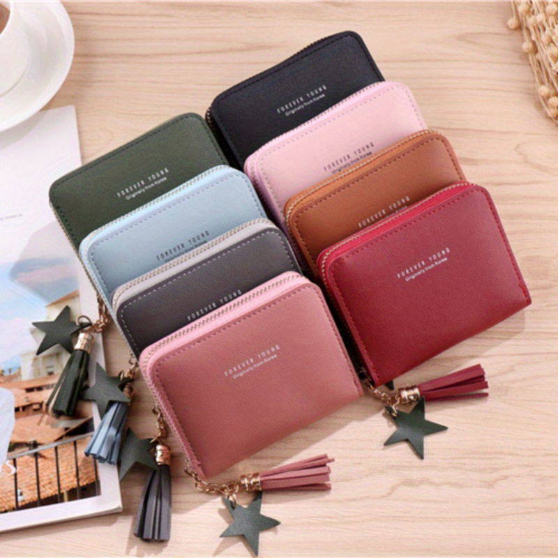 

Women's Compact Pu Wallet, Mini Zippered Clutch Bag With Tassel, Coin Purse, Multiple Card Slots, Id & Bank Credit Card Holders, Stylish Badge Holder - Perfect For Everyday Use