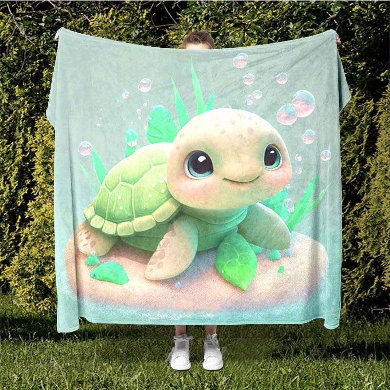 

1pc Cute Cartoon Big Eyes Smile Green Turtle With Pink Bubble Pattern Print Blanket 4 Seasons Office Chair Blanket