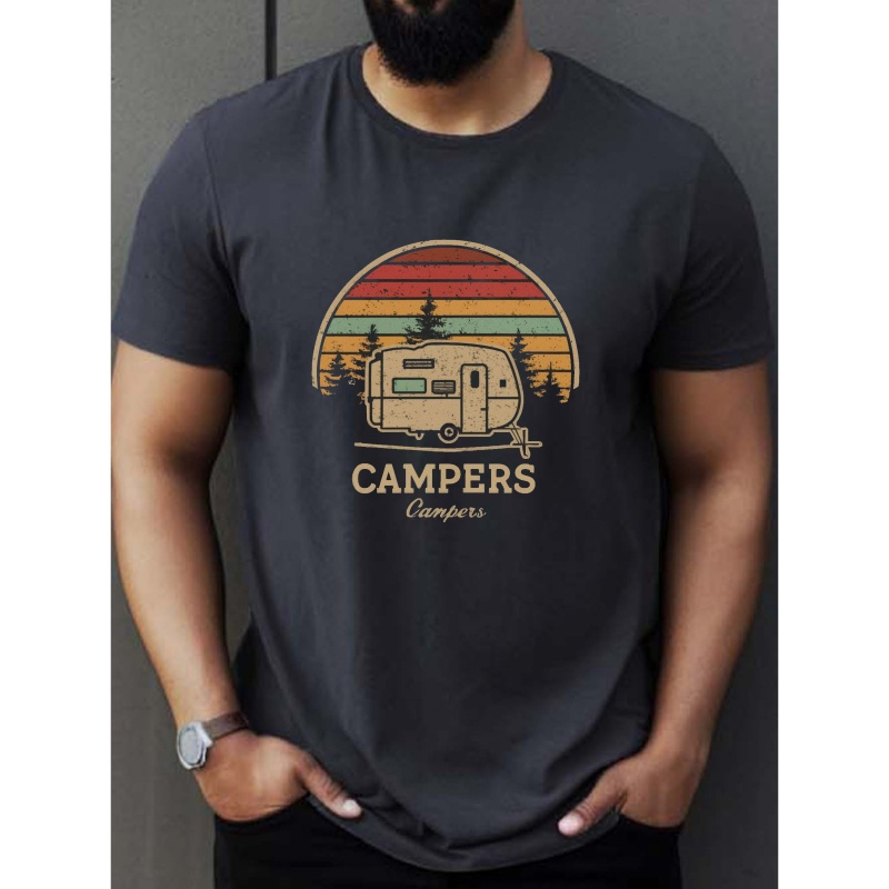 

Campers Print Short Sleeve Tees For Men, Casual Crew Neck T-shirt, Comfortable Breathable T-shirt