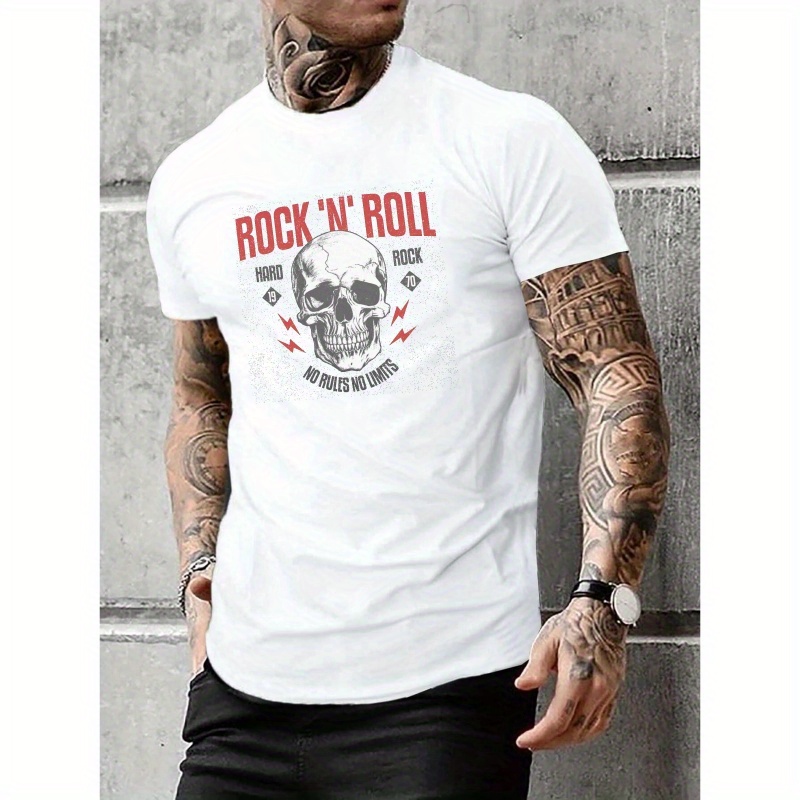 

Skull " Rock'n' Roll"creative Print Stylish T-shirt For Men, Casual Summer Top, Comfortable And Fashion Crew Neck Short Sleeve, Suitable For Daily Wear