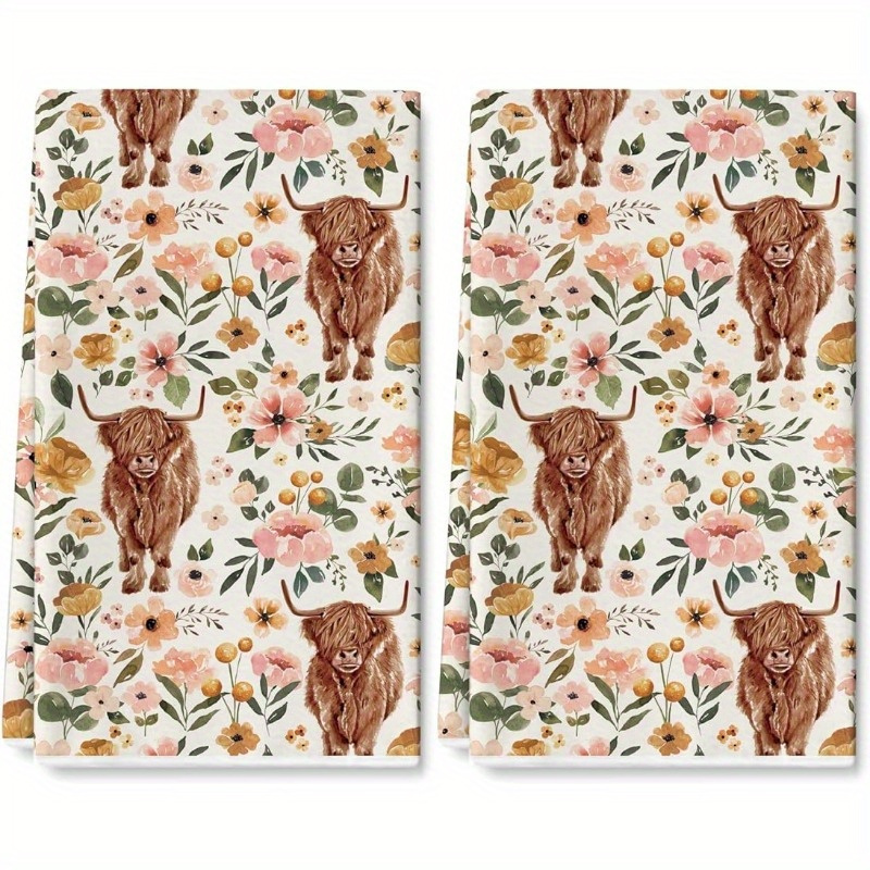 

2pcs, Dishcloth, Bohemian Highland Cow Floral Print Tea Towels, Polyester Contemporary Style, Multifunctional Dish Towel For Kitchen, Bathroom, Outdoor Events, And Afternoon Tea Party Decor