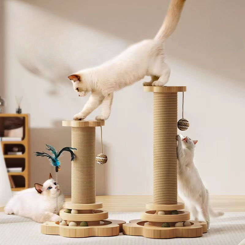 

1pc Cat Scratching Post With Turntable Base, Durable Wear-resistant Twine Claw Board, Interactive Cat Toy With Feather And Ball Accents