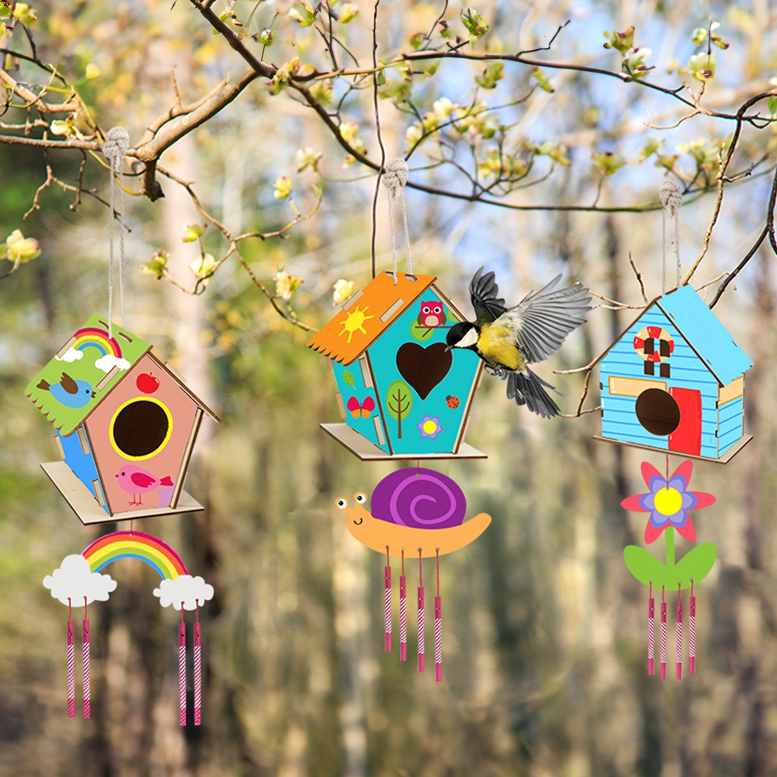 

4pcs Wooden Bird House And Wind Chime Craft Kit, Diy Build And Paint Decorative Arts, Colorful Garden Decor