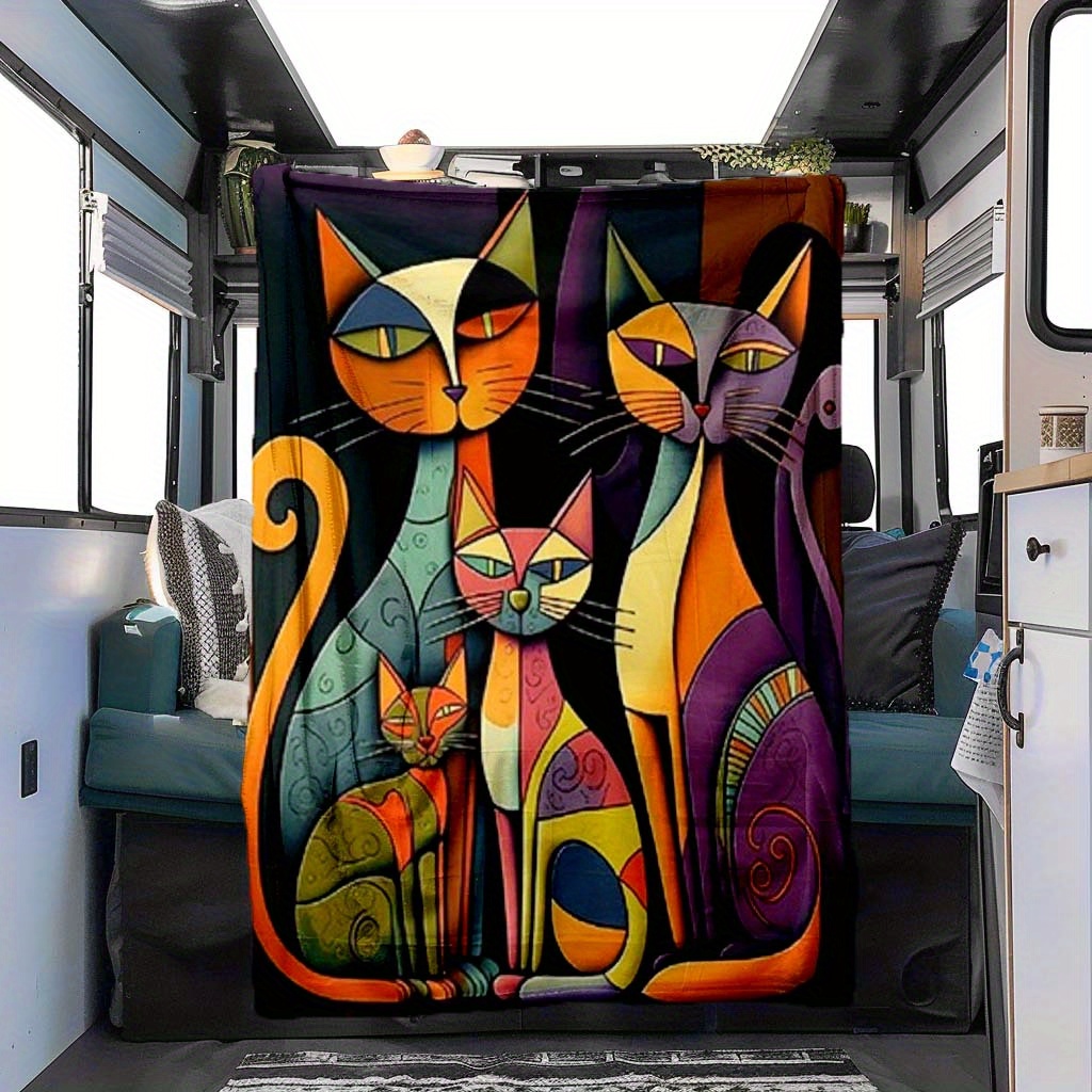 

Modern Cat Family Print Blanket - Soft Polyester, Perfect For Office Sofa & Travel