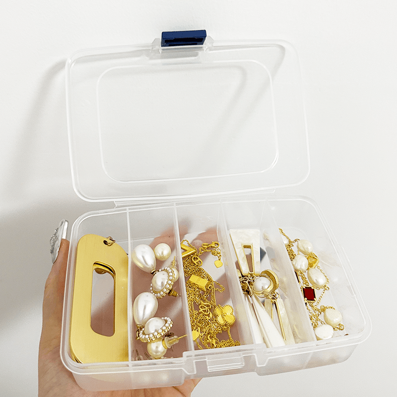 

1pc Portable Storage Box With 5 Compartments, Transparent Plastic Jewelry Container For Rings, Necklaces, Earrings, Hair Accessories, Makeup Tools