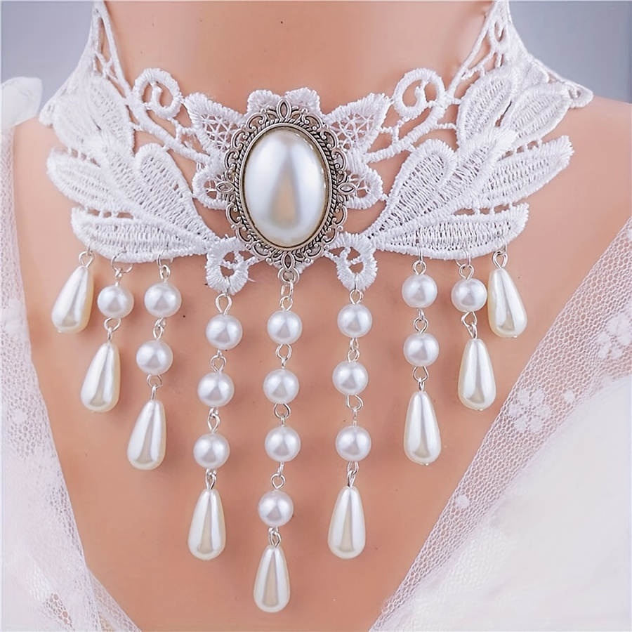 

Elegant 4pcs Vintage White Lace Necklace Set - Gothic Clavicle Chains For Women, Weddings, Parties & , Best For Christmas