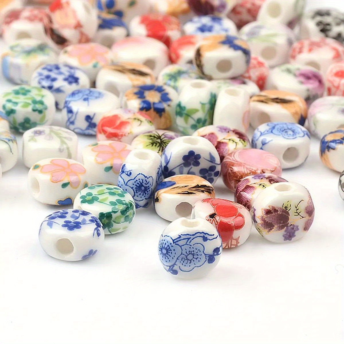 TEMU 20pcs 0.8cm Ceramic Beads - Assorted Floral Patterns & Vibrant Colors, High-quality Diy Spacer Beads For Jewelry Making, Bracelets, Pendants