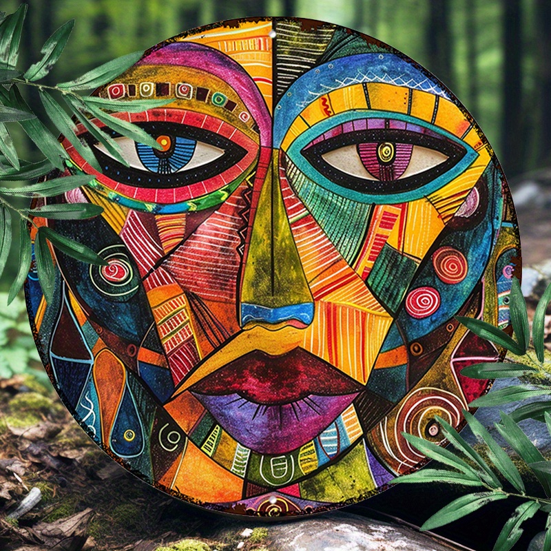 

1pc 8x8inch(20x20cm) Round Aluminum Sign Metal Sign Metal Wall Sign Colorful Mask Theme For Indoor Outdoor Wall Decor, Livingroom Wall Art