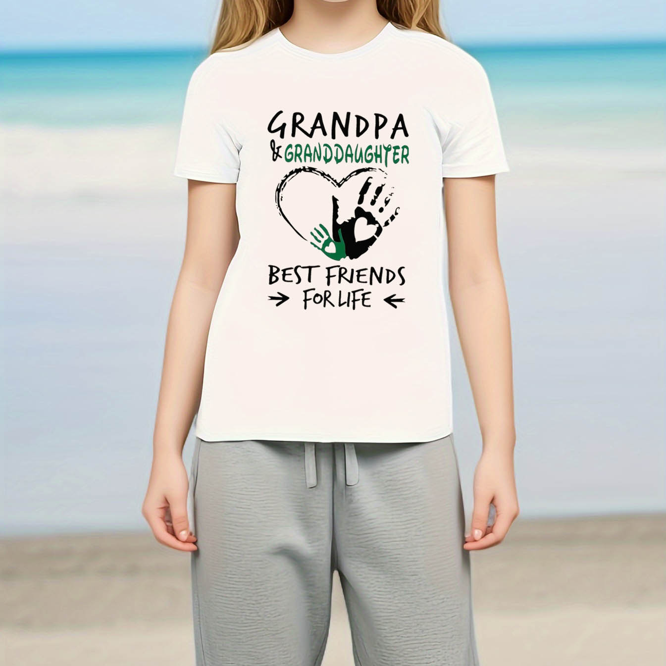 

Grandpa & Granddaughter And Hand Prints Graphic Print, Girls' Comfy & Loose T-shirts, Top Clothes For Spring & Summer For Outdoor Activities