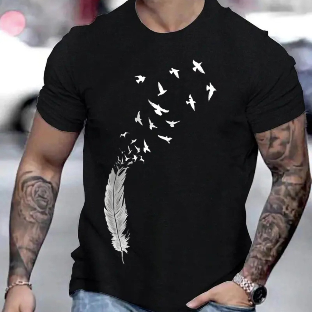 

Cartoon Eagle Feather Print Crew Neck T-shirt For Men, Casual Short Sleeve Top, Men's Clothing For Summer