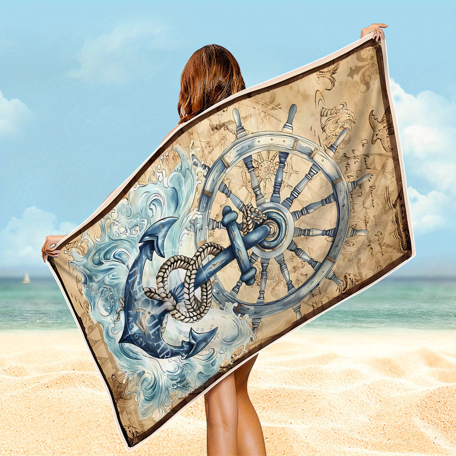 

1pc 3 Sizes Vintage Anchor Pattern Beach Towel - Large, Thick - Quick Drying & Soft & Comfortable For Sun Shawl, Yoga, Swimming, Running