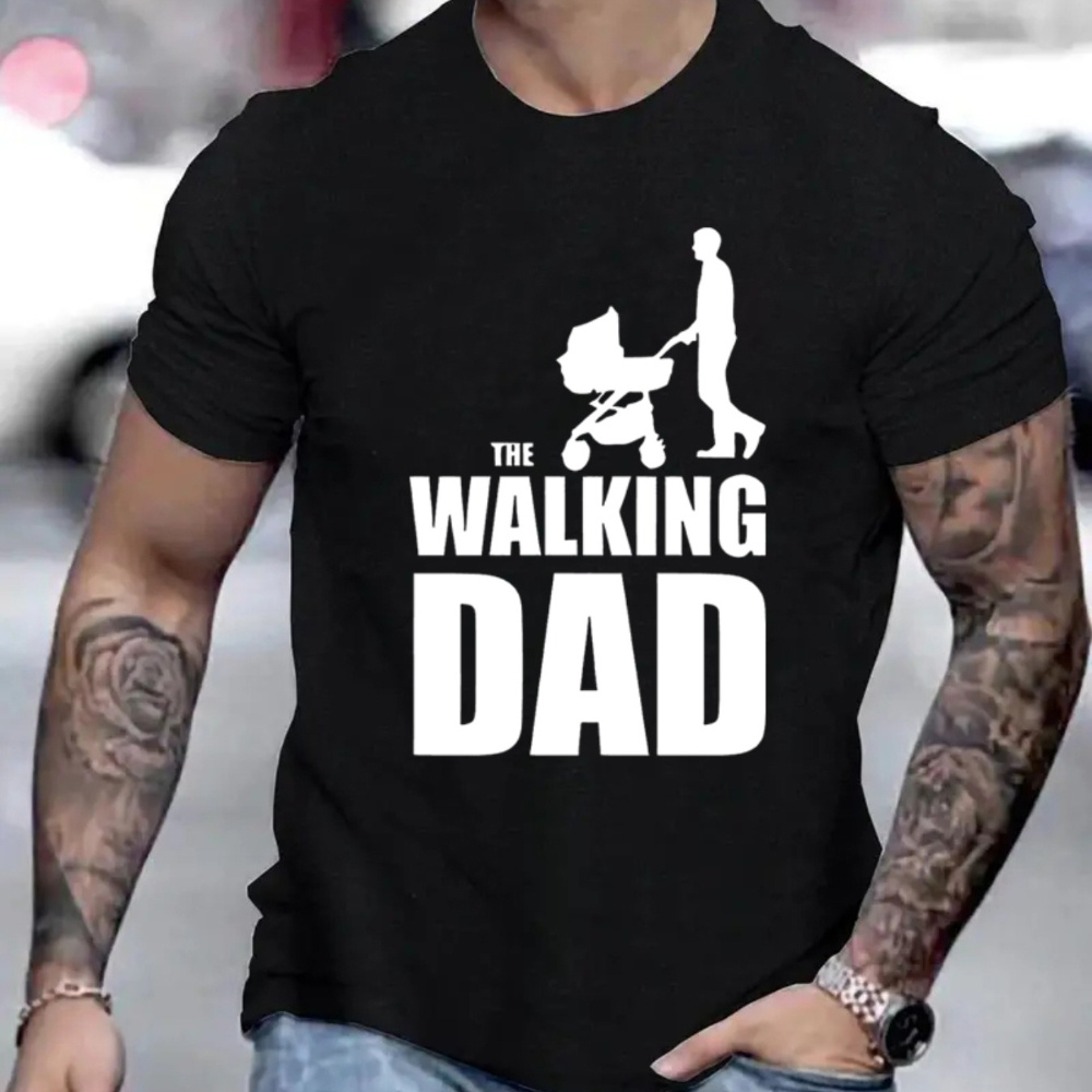 

Walking Dad Print Crew Neck T-shirt For Men, Casual Short Sleeve Top, Men's Clothing For Summer