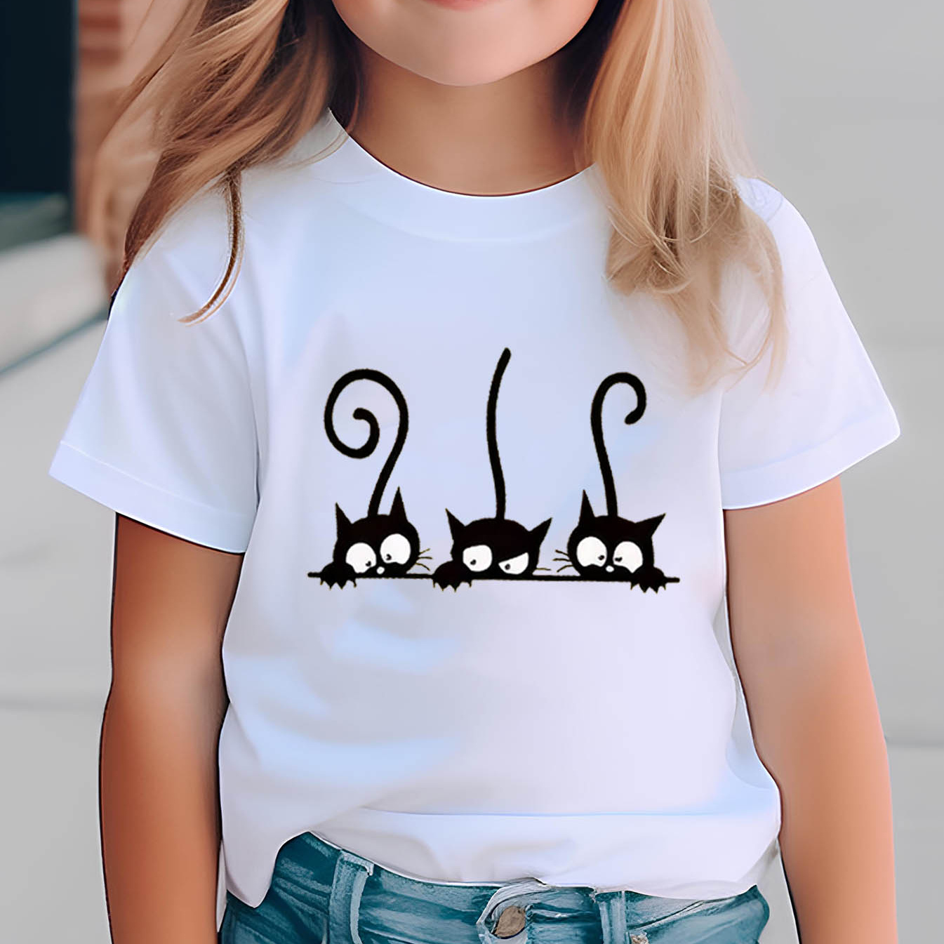 

Black Cats Graphic Print, Girls' Comfy & Loose T-shirts, Top Clothes For Spring & Summer For Outdoor Activities