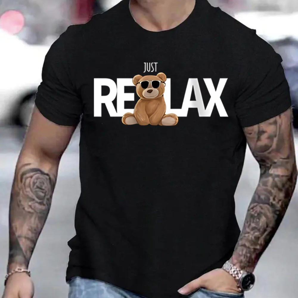 

Relax Bear Print Crew Neck T-shirt For Men, Casual Short Sleeve Top, Men's Clothing For Summer