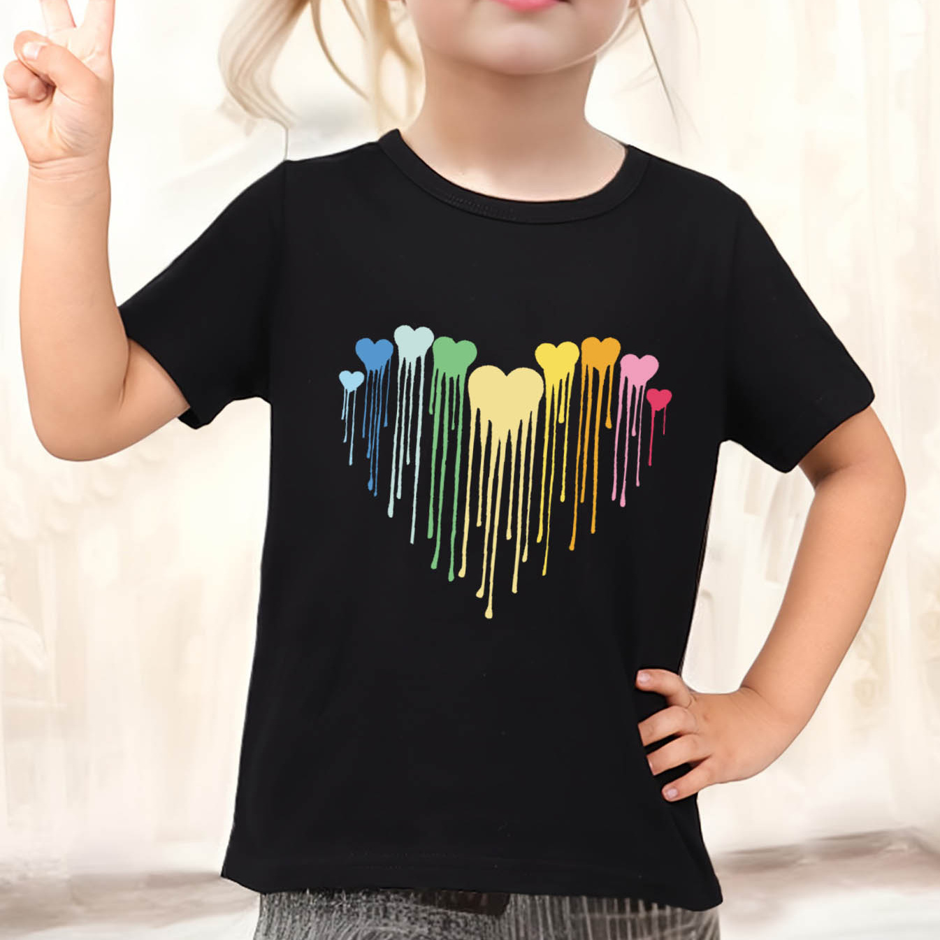 

Melting Colorful Hearts Graphic Print, Girls' Comfy & Loose T-shirts, Top Clothes For Spring & Summer For Outdoor Activities