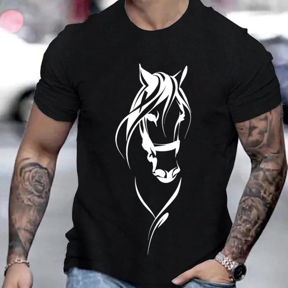 

Cartoon Horse Print Crew Neck T-shirt For Men, Casual Short Sleeve Top, Men's Clothing For Summer