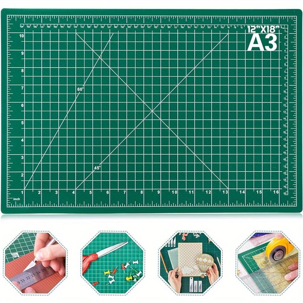 

1pc A3 Self-healing Rotary Cutting Mat, 30.48x45.72cm/12x18", Double-sided, 5-ply Durable Craft Cutting Board For Sewing, Precision Scrapbooking & Fabric Projects, Green Surface With Clear Grid Lines