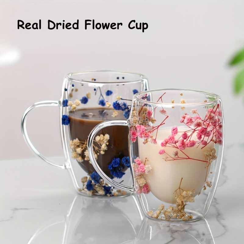 

1pc Creative Double Wall Glass Cup For Milk Juice Coffee Dried Flower Glass Espresso Coffee Cups Mugs Gifts High Borosilicate Glass Cups With Handles