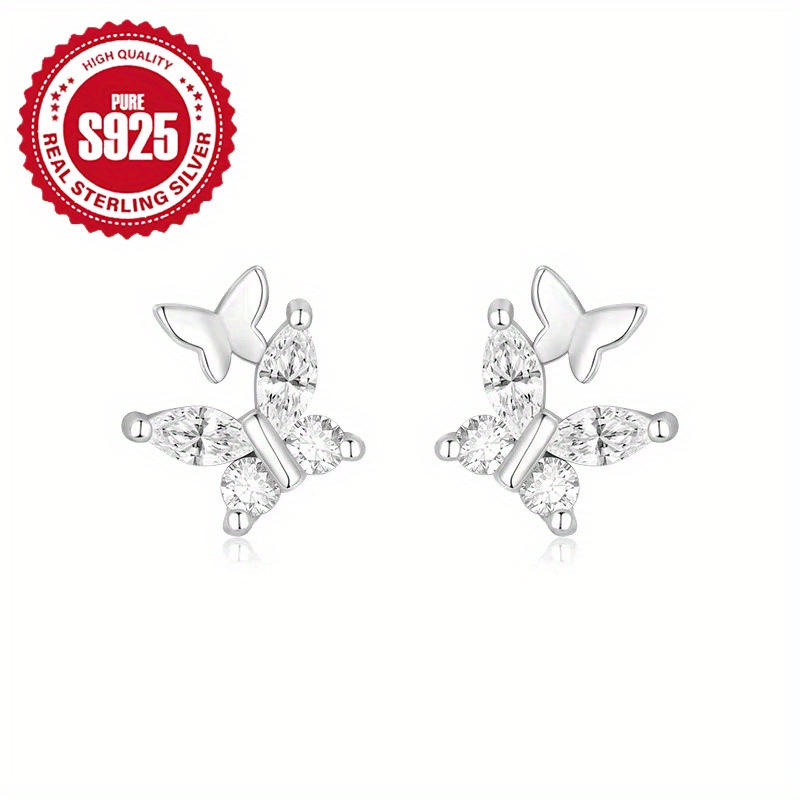 TEMU 925 Pure Silvery Exquisite Zirconia Mini Earrings For Women, Small Crowd, , Simple And High-end, Silvery Weight 0.7g