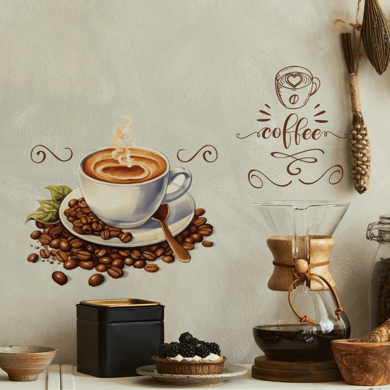 

1 Sheet 30*30cm Self-adhesive Removable Stickers, Hand-painted Coffee Cup Stickers, Decorative Stickers For Restaurant, Kitchen, Cafe, Baking Shop