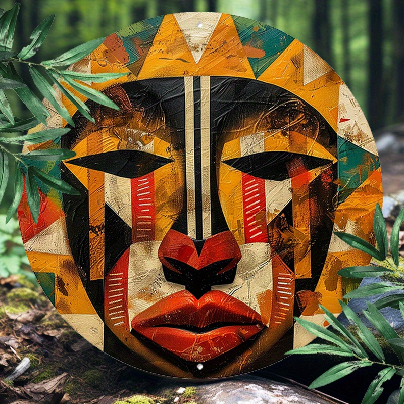 

1pc 8x8inch(20x20cm) Round Aluminum Sign Metal 2d Sign Funny Metal Sign African Ritualistic Masks For Livingroom Wall Art, Room Decor