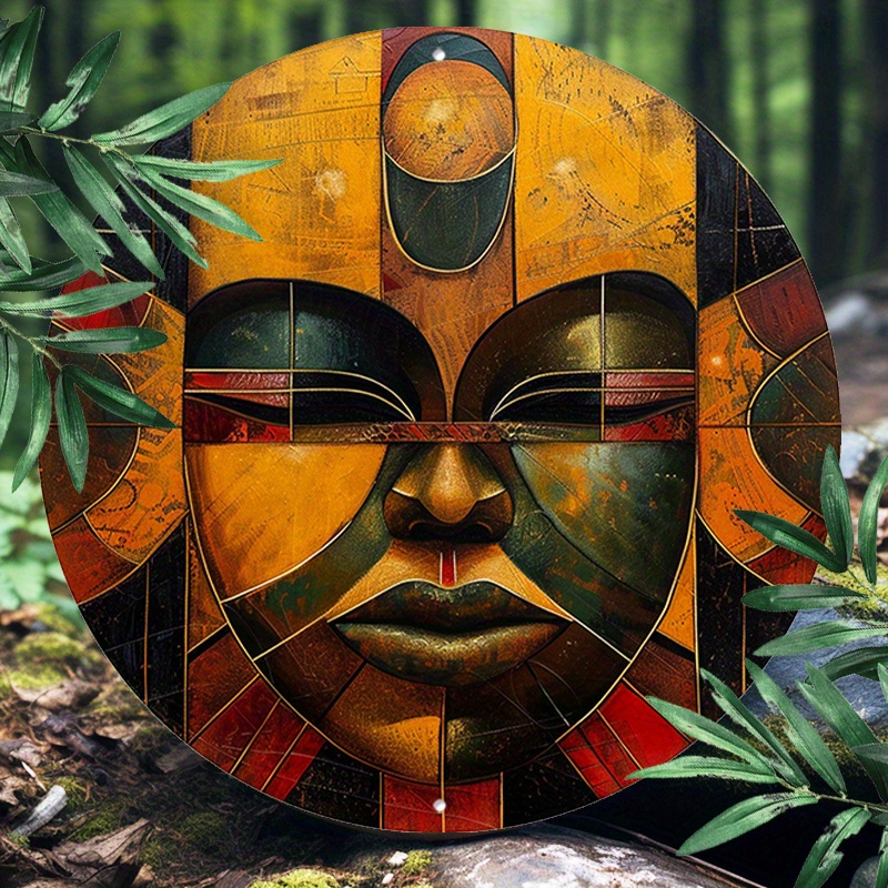 

1pc 8x8inch(20x20cm) Round Aluminum Sign Metal 2d Sign Funny Metal Wall Sign African Ritualistic Masks For Indoor Outdoor Wall Decor, Room Decor