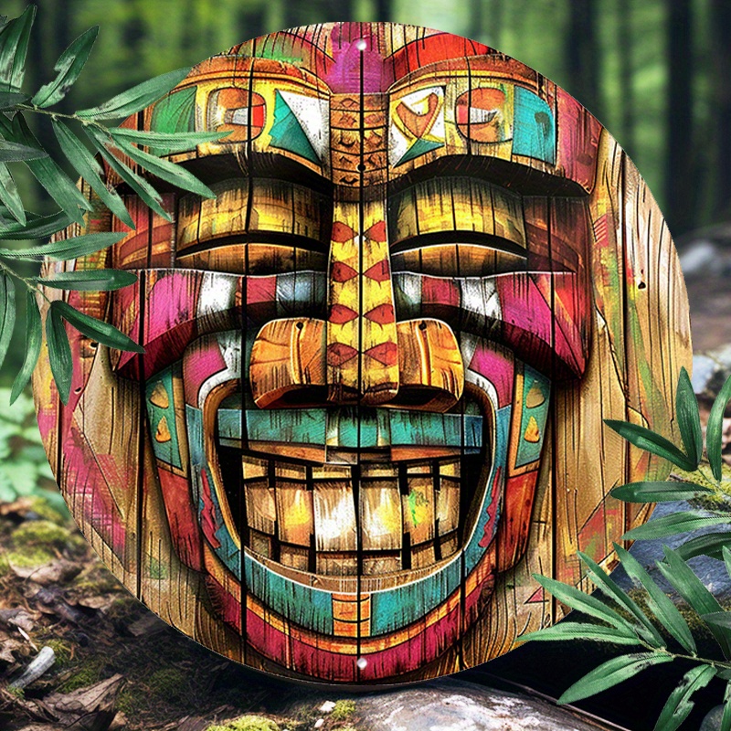 

1pc 8x8inch(20x20cm) Round Aluminum Sign Metal 2d Sign Funny Metal Wall Sign Colorful Totems Mask Image For Room Decor, Garden Decor