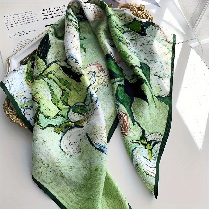 

1pc 25.59" Pure Mulberry Silk Square Scarf With Artistic White Rose Print, Thin Breathable Neck Scarf, Elegant Romantic Style Sunscreen Headscarf