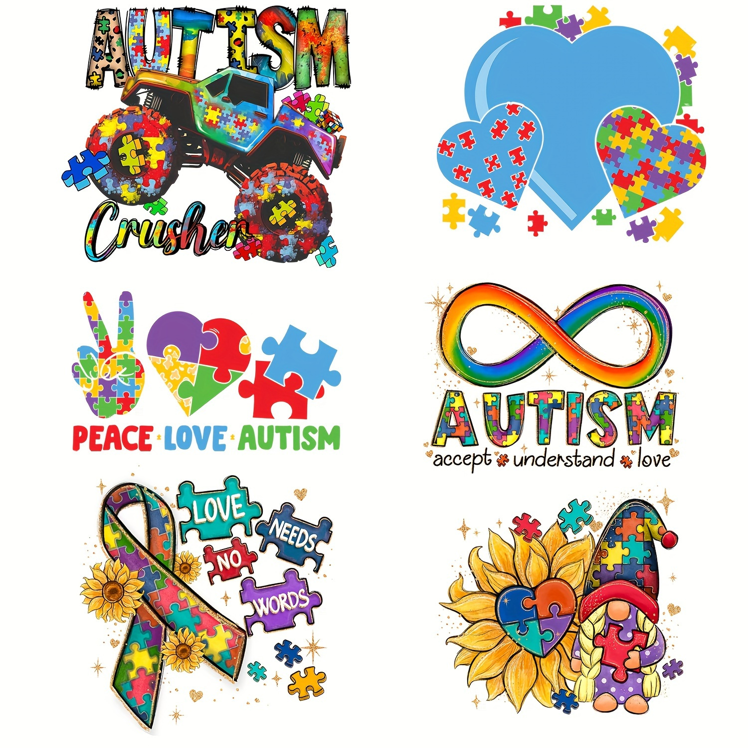 

6-pack Autism Awareness Heat Transfer Decals, Puzzle Pieces & Supportive Messages, Diy Iron-on Patches For T-shirts, Masks, Jeans, Backpacks, Polyester, Washable And