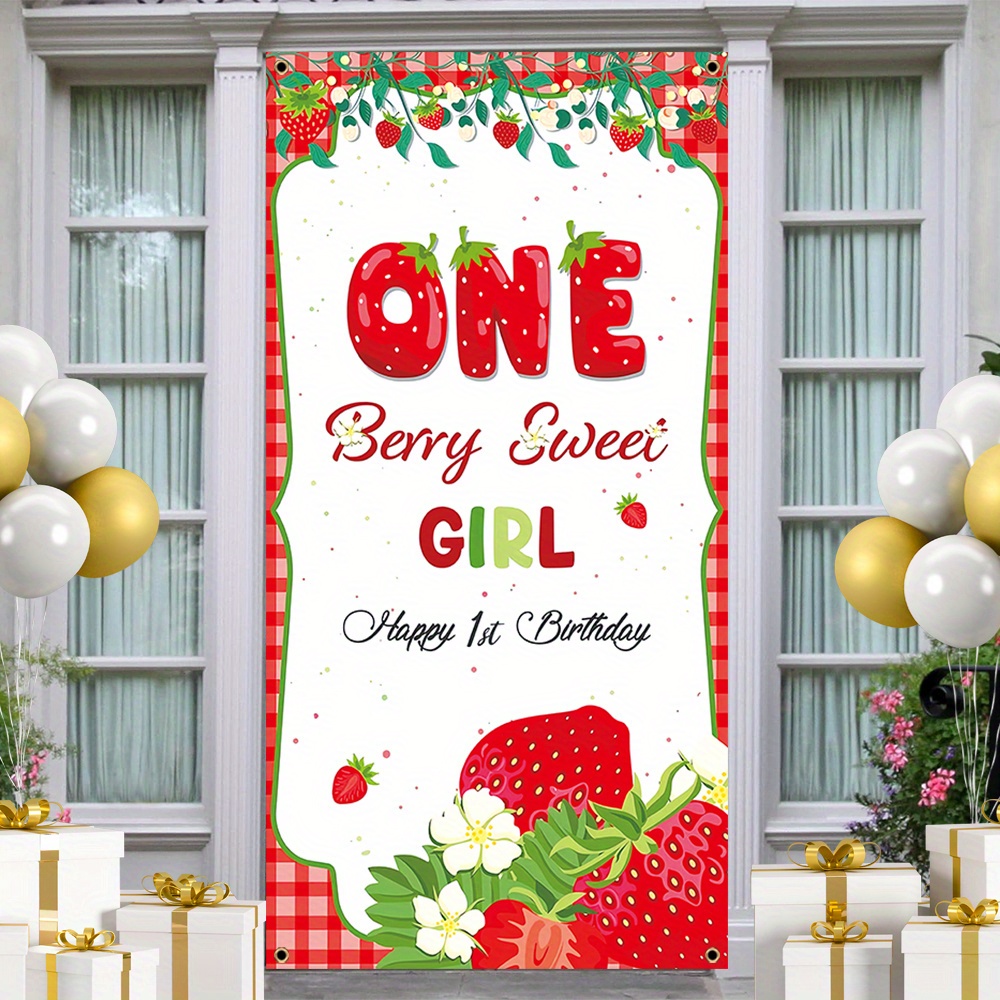 

1pc, Happy 1st Birthday Door Cover Banner, Polyester, Strawberry Background Decoration Baby Shower Front Door Hanging Banner Home Porch Wall Decor 70x35 Inches
