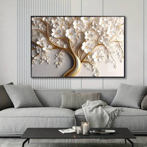 1pc Framed Hang A 3D Flower Tree With Simple White Leaves And Flowers, Large Size Metal Framed Canvas Printing Wall Art With Waterproof Wooden Back, Gift For Home Room Office Hotel Cafe KTV Club Bar Villa House Wall Decoration