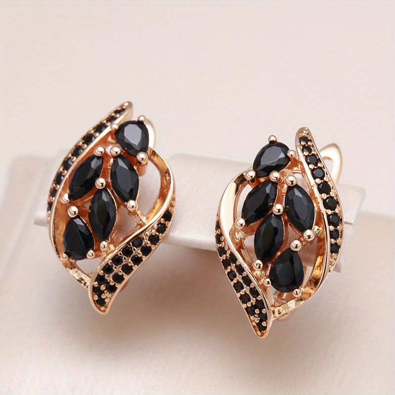 

1pair Golden Leaf Clip On Black Zircon Earrings Women's Earrings Fashion Sweet Wedding Jewelry