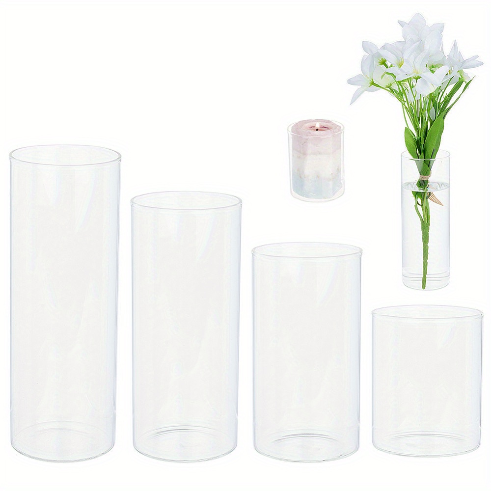 

4pcs Clear Glass Cylinder Vases, Smooth-cut Hand-blown Glass Pillar Vases, For Home, Office, Wedding Decor - Durable, Stable Base Candle Holders