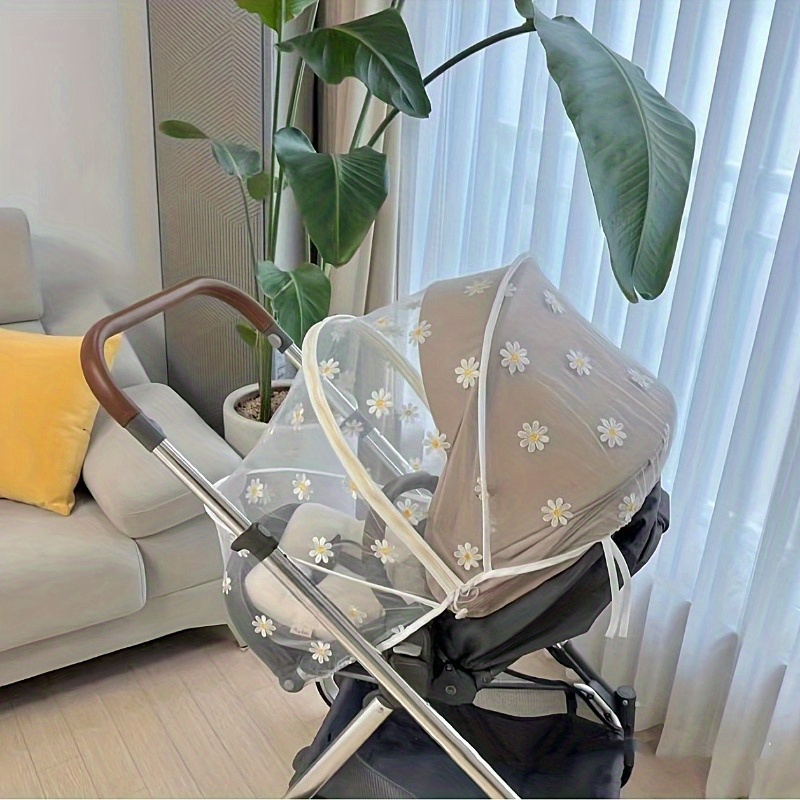 Spring/Summer Baby Stroller Mosquito Repellent Cover, Baby Stroller Breathable Visor, Daisy Embroidery, Sun Protection